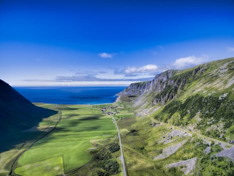 Scenic aerial view of village Unstad on Lofoten islands, famous spot for surfers