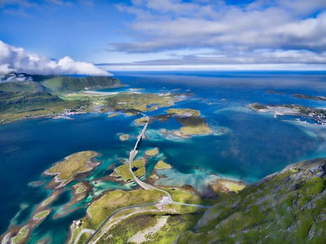 Scenic road bridges connecting islands on Lofoten in Norway, seen from air