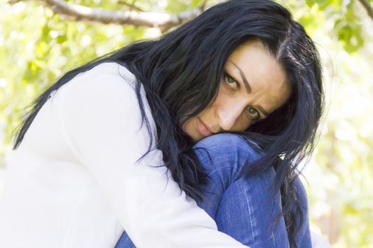 Photo of Caucasian brunette woman in white