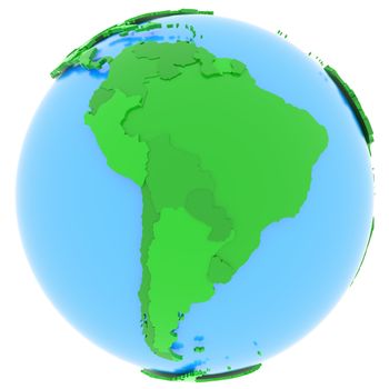 Political map of South America with countries in different shades of green, isolated on white background. 