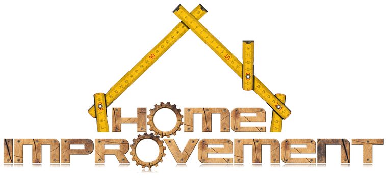 Wooden symbol with text Home Improvement, wooden gears and wooden meter ruler in the shape of house. Isolated on white background