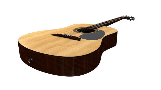a perspective view ofa woodent acoustic guitar on white background