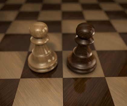 two standing pawn chess pieces on checkered chess board