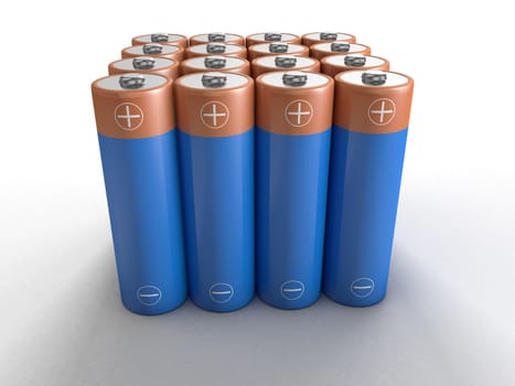 rows and columns of blue AA batteries on white