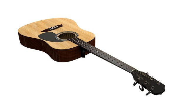 a perspective view of an acoustic guitar from the top of the neck