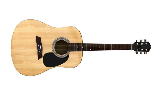 top view of an acoustic guitar on white background