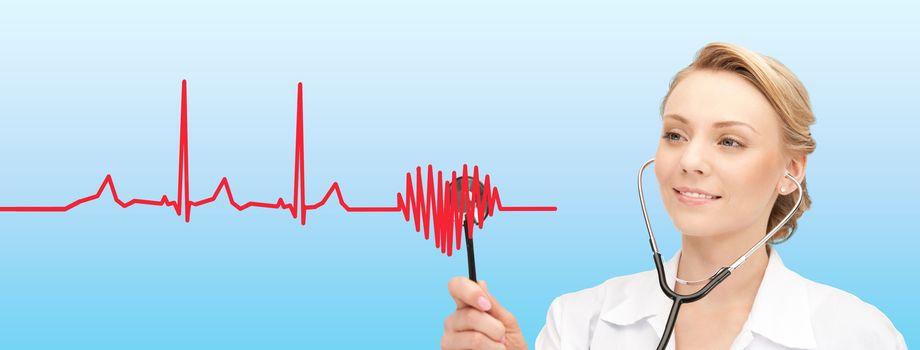 healthcare, people, medicine, cardiology and technology concept - smiling young female doctor with stethoscope listening to heartbeat cardiogram over blue background