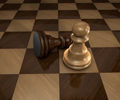 one fallen dark chess piece next to standing light chess piece on a checkered board