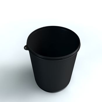 A black shaker bottle without its lid in perspective from high angle on white