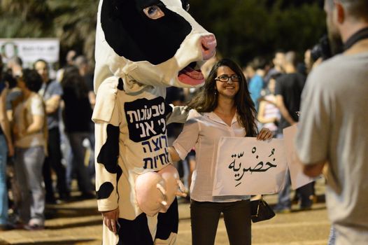 ISRAEL, Tel Aviv: An estimated 10,000 people marched in Tel Aviv for animal rights on October 3, 2015. 	In the largest-ever protest in Israel and the third annual protest under the name The Animal Rights March various struggles concerning animal protection united: wild life, animal testing, fur, street cats and dogs, and farm animals. 