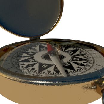 An extreme closeup of a vintage compass showing cardinal points through scratched glass