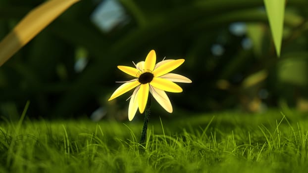 A close-up view of a mythical made up yellow flower on a bed of green grass