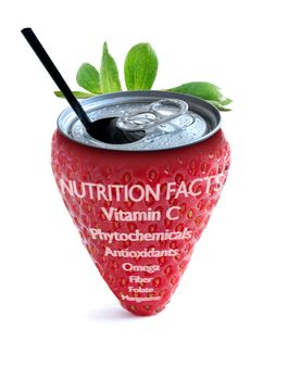 Strawberry juice fruit can with straw over a white background with nutrition data
