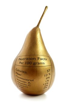Concept image of a gold pear with nutrition label
