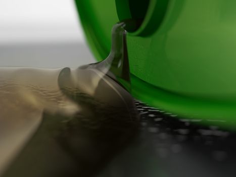 a green metal oil drum spilling clean oil onto the ground over cast shaddow