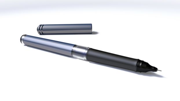 A close up of a modern veld tip pen with lid separate on a white surface and shadow 
