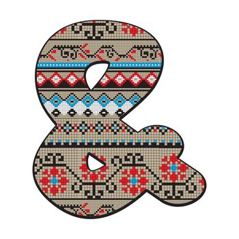 Decorated original font, pixel art ethnic model inspired by a Balkan motif over a funny ampersand isolated on white