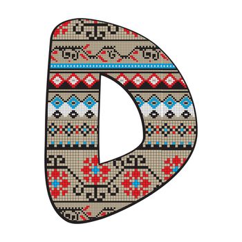 Decorated original font, pixel art ethnic model inspired by a Balkan motif over a funny fat capital letter isolated on white