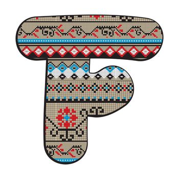 
Decorated original font, pixel art ethnic model inspired by a Balkan motif over a funny fat capital letter isolated on white
