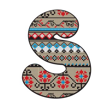 Decorated original font, pixel art ethnic model inspired by a Balkan motif over a funny fat capital letter S isolated on white