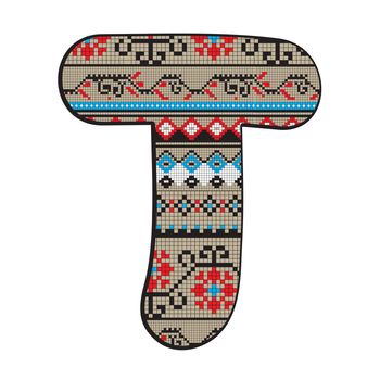 Decorated original font, pixel art ethnic model inspired by a Balkan motif over a funny fat capital letter T isolated on white
