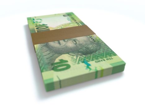A bundle of south african 10 rand notes in a bundle on white cash money