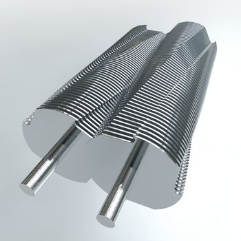 A close up of two cylindrical metal paper shredder blades