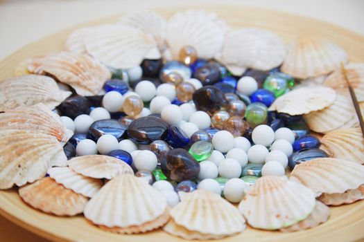 Seashells and stones for spa. Horizontal close-up photo