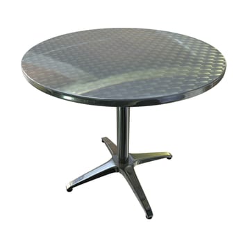 a Shiny planar chrome round table with four legs on white background