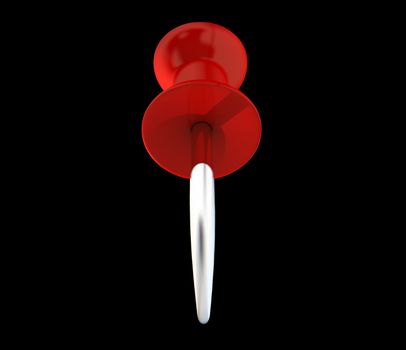 A red plastic pushpin close up in perspective from the pin/sharp side