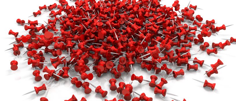 a bunch of red drawing/push pins scattered over a white surface