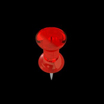 A see through red plastic thumbtack or drawing pin closeup with clear refractions and reflections on black background