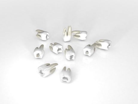 A 3D render of nine teeth with fillings spread on white surface