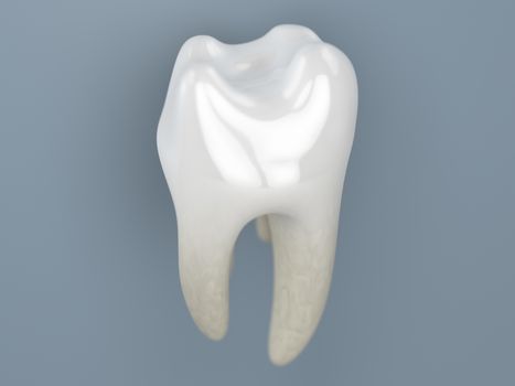 a close up of a 3D rendering of a white tooth on a grey background