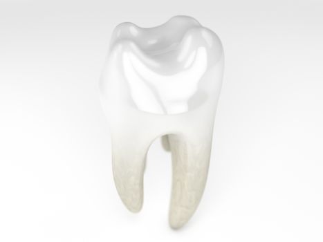 a close up of a 3D rendering of a very white tooth on white background