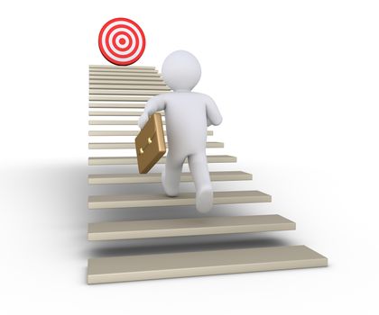 Businessman is running on stairs with a target at the top