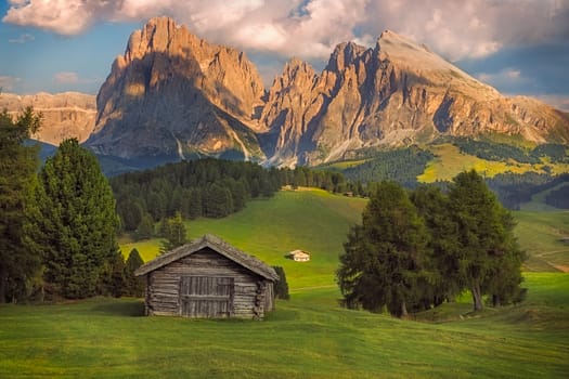 Seiser Alm with Langkofel group, South Tyrol, Dolomites, Italy