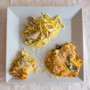 Pictured three typical Italian dishes, lasagne, crepes with aspagi and noodles with cream and mushrooms, served in a white dish.