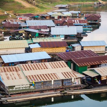 Floating houses on Songalia river in Sangklaburi, Kanchanaburi, Thailand