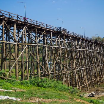 old long wooden bridge at Sangklaburi,Kanchanaburi province, Thailand