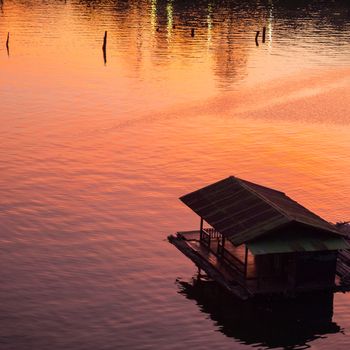 Floating houses on Songalia river in Sangklaburi, Kanchanaburi, Thailand