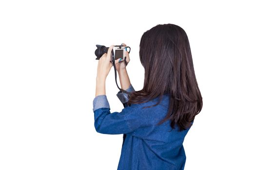 woman traveler wearing blue dress as photographer, take photo with camera outdoor, isolated on white background