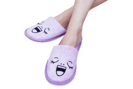 woman feet with smile slippers and happy, close up view, on white background