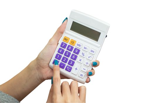 female hand holding calculator for compute formula, business financial or shopping concept isolated on white background