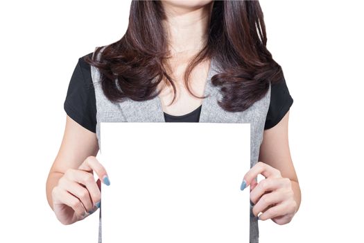 Business woman holding blank white card paper at front with copy space on white background