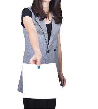 Business woman give blank white card paper at front with copy space on white background