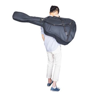 stylish young asian hipster man wear scott strip shirt, and sneaker and walking, hold guitar bag, for concert travelling concept on white background