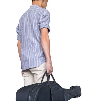 stylish young asian hipster man wear scott strip shirt, hold guitar bag, for concert travelling music concept, on white background