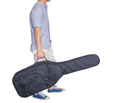 stylish young asian hipster man wear scott strip shirt, and sneaker and walking, hold guitar bag, for concert travelling concept on white background