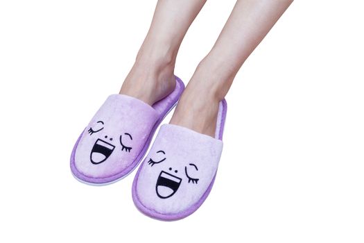 woman feet with smile slippers and happy, close up view, on white background